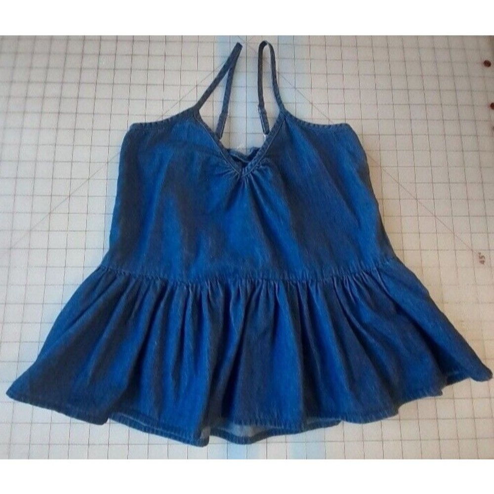 Derek Heart Womens Small Blue Chambray Spaghetti‎ Strap Top Ruffle Peplum